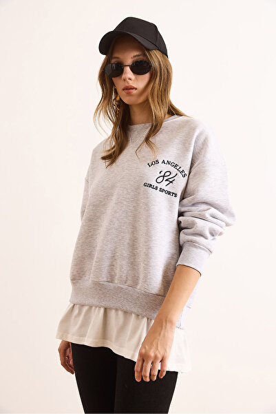 Olalook Kadın Gri Melanj Eteği Garnili Yaka Detaylı Şardonlu Kalın Sweatshirt SWT-19000743