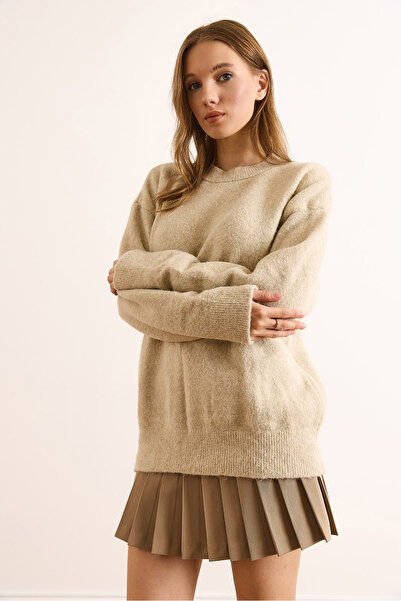 Olalook Women's Stone Crew Neck Soft Textured Relaxed Fit Sweater Kzk-19000992