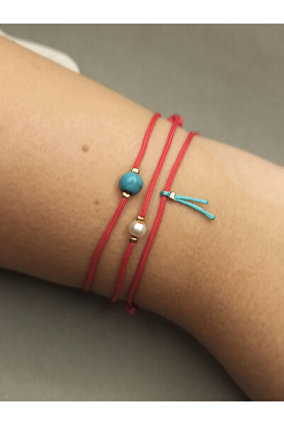 TREND Turquoise Stone Bracelet, Red String Lucky Bracelet, Pearl Bracelet, Friendship Bracelet Set of 3