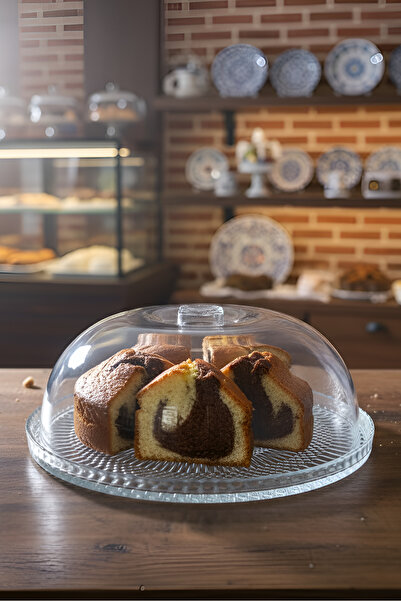 METROPOLAVM Cam Kek ve Pasta Sunum Fanusu Kapaklı Kristal Desenli Ayaklı Sunu...