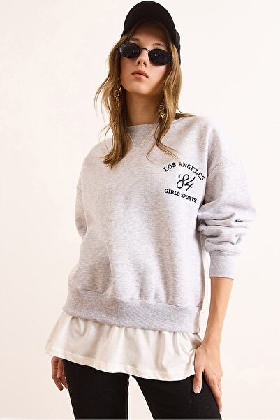 Olalook Kadın Gri Melanj Eteği Garnili Yaka Detaylı Şardonlu Kalın Sweatshirt SWT-19000743