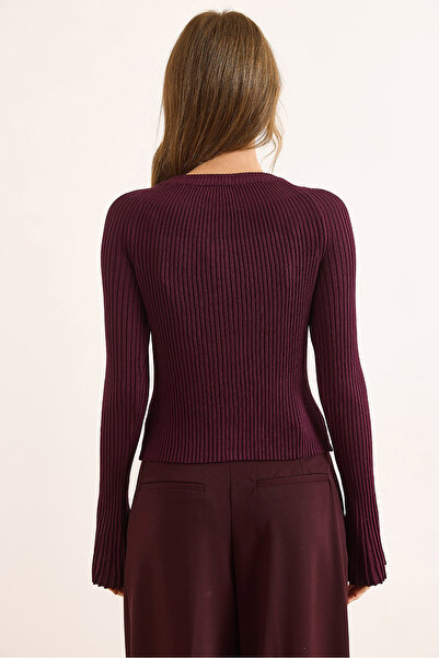 Olalook Women's Plum Gold Buttoned Spanish Sleeve Ribbed Cardigan Hrk-19000388