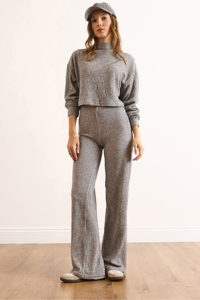 Olalook Women's Gray Stand Collar Blouse Pants Soft Set Tkm-19000438