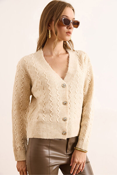 Olalook Women's Ecru Wave Detailed Soft Textured Cardigan Hrk-19000386