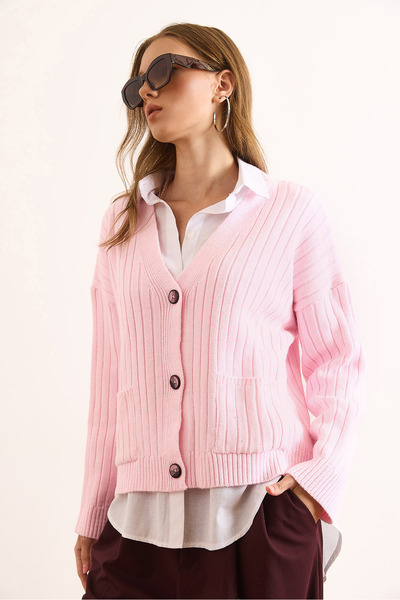 Olalook Women's Pink Pocketed Thick Ribbed Soft Textured Knit Cardigan Hrk-19000390
