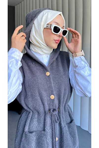 Viskosa Women's Hooded Buttoned Pocketed Knit Vest