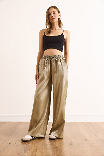 Olalook Kadın Haki Beli Lastikli Cepli Saten Pantolon PNT-19000364