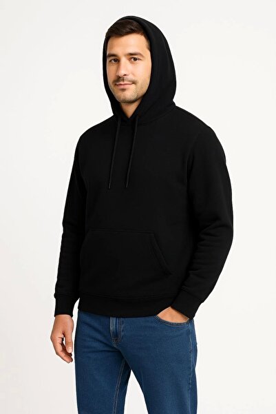 GökTR Men's Three Thread Hooded Kangaroo Pocket Sweatshirt Hoodie - Black