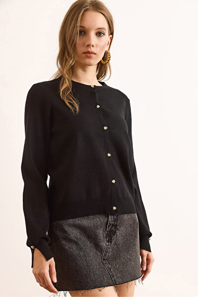 Olalook Women's Black Gold Buttoned Soft Cardigan with Viscose Content Hrk-19000384