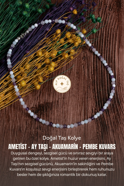 Alp Doğal Taş Sertifikalı Ametist Ay Taşı Akuamarin Pembe Kuvars Doğal Taş Kolye