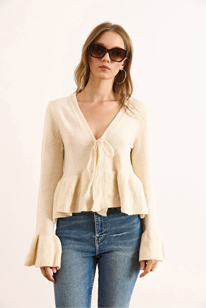 Olalook Women's Stone Front Lace-Up Soft Textured Spanish Sleeve Cardigan Hrk-19000395
