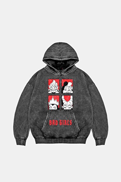 Bak Moda Μαύρο φούτερ με κουκούλα με στάμπα Bad Girls, Unisex, που πλένεται