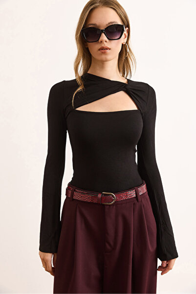 Olalook Women's Black Roba Low-Cut Flexible Viscose Blouse Blz-19003108