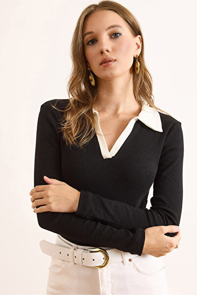 Olalook Women's Black White Color Block Polo Neck Cotton Stretchy Blouse Blz-19003104