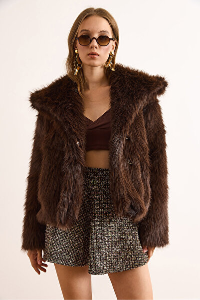 Olalook Women's Brown Lined Faux Fur Coat Mnt-19000049