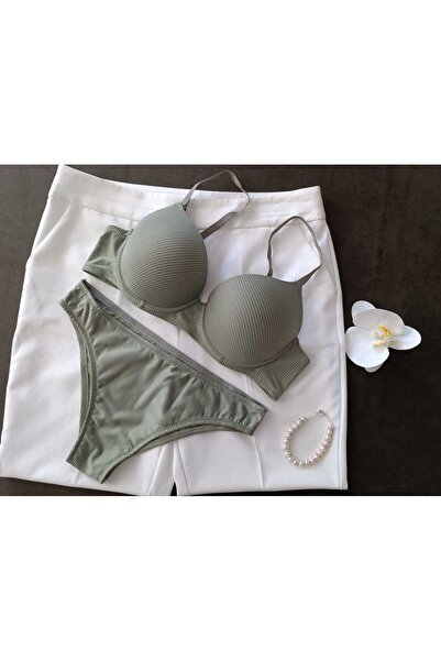 womensWorld1 Khaki Color Bra Set with Striped Pattern Support