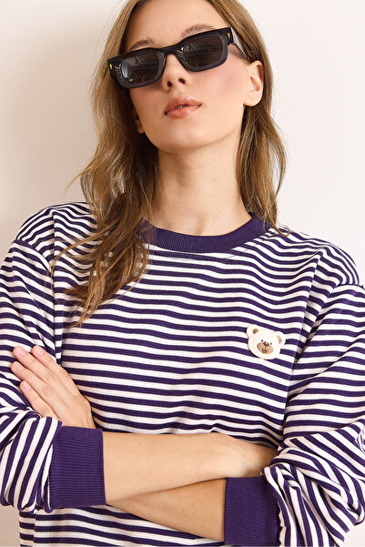 Olalook Kadın Mor Ayıcık Aplike Çizgili Şardonsuz Kalın Sweatshirt SWT-19000745