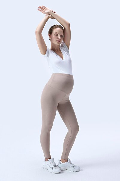 İmaj 371 Culoare bej material reiat efect modelator și talie înaltă Leggings de maternitate cu efect extra elastic