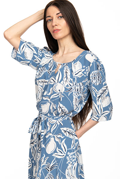 Couture de Marie Rochie midi din vâscoză, cloș, cu cordon, print floral bleu – Jemima