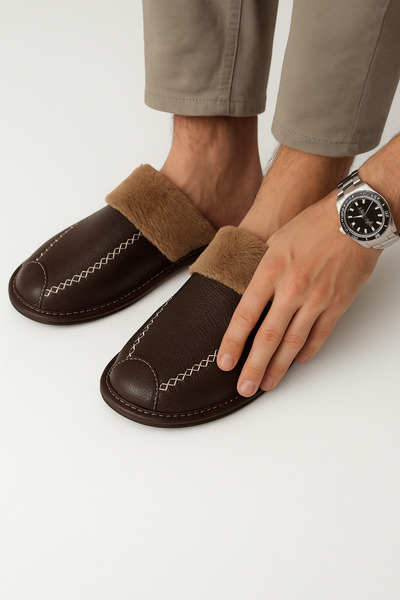 StWenn Unisex Fur House Slippers with Non-Slip Soundless Soles Leather Skin Stylish and Comfortable Indoor Slippers Dowry Boh