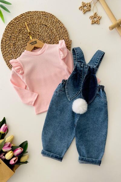 Minigimin Cicileri My Little One's Pink Ruffled Long Sleeve Blouse and Denim Suspender Rabbit Pattern Baby Girl 2-Piece Romper t