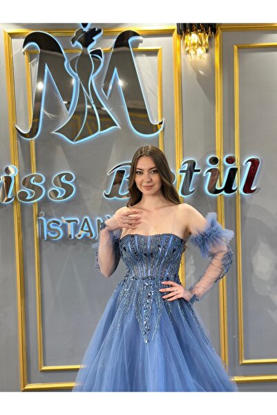 MissBetül Straplez Takma Kol Göğüs Şerit Detaylı Abiye Nişan Elbisesi