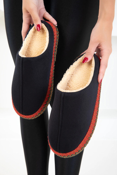 NOVİNS Dámské semišové domácí pantofle s kožešinovou podšívkou a detaily ze slámy Bohça Çeyiz Terlik