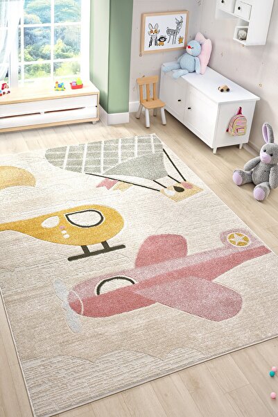 Eliz Home Yumuşak Dokuma Halı Leke Tutmaz Uçak Figürlü Bebek Odası Çocuk Odas...