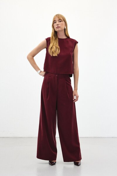 Sateen Geniş Paça Pantolon - Bordo