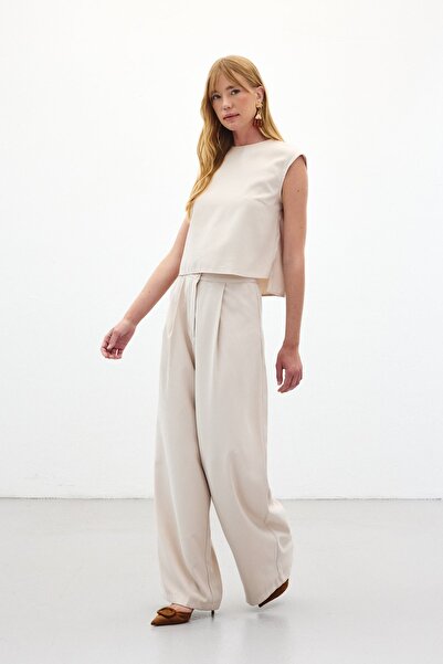 Sateen Wide Leg Pants - Stone