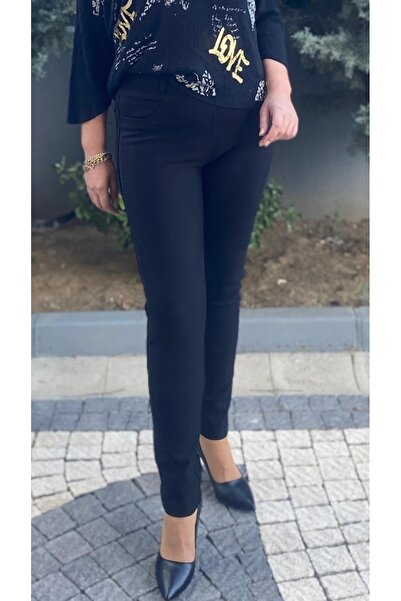 Mia Butik Women's Black Punto Pants with Stone Detail on the Sides