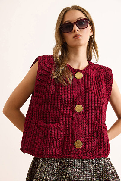 Olalook Жіночий бордовий светр з великими золотими ґудзиками та товстим плетінням YLK-19000087