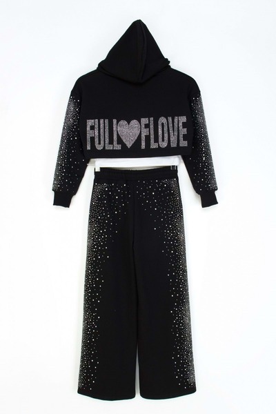 ww waka waka kids store Σετ αθλητικής φόρμας με κουκούλα για κορίτσια με κεντημένη μαύρη πέτρα FULL LOVE