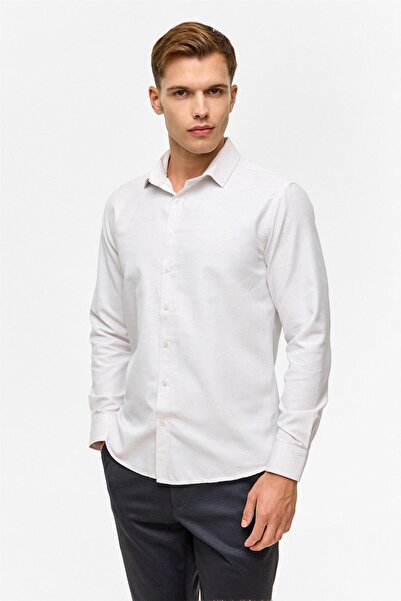 SÜVARİ Ekru Slim Desenli Klasik Yaka Gömlek