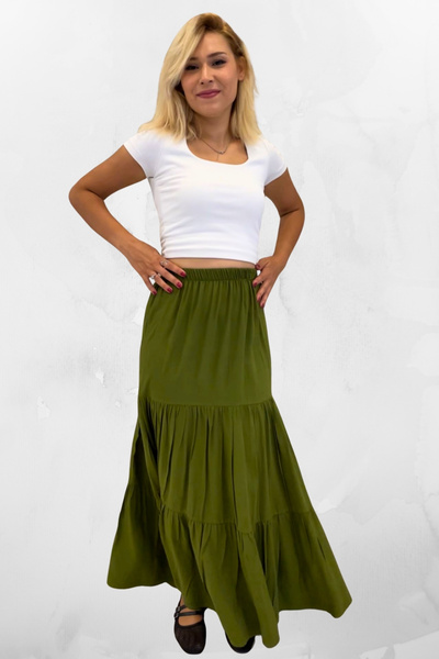 SHE BEST Relaxed Fit Viscose Fabric Elastic Waist Ruffled Long Women's Gypsy Skirt