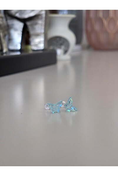 AyShope Antialerjik Şeffaf Uçlu Bioplast Mavi Kelebek Desenli Silikon Küpe