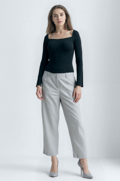 WESTMARK LONDON Black Melange Square Neck Long Sleeve Women's Crop Bodysuit Cecilia Crop