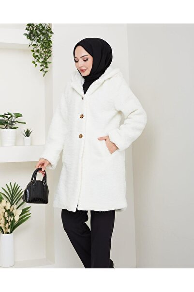 Hb Harma Time Butik Women's Fur Fabric Lined Buttoned Hooded White Coat
