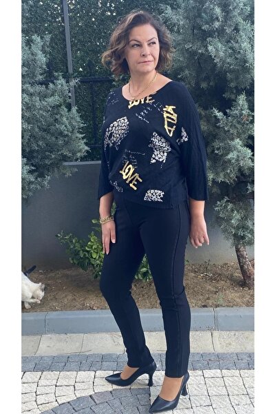 Mia Butik Women's Black Punto Pants with Stone Detail on the Sides