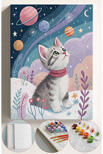 Sulepas Sayılarla Boyama Seti Numaralı Tuval Fırça Boya 40x50 Cm - UZAY VE KEDİ