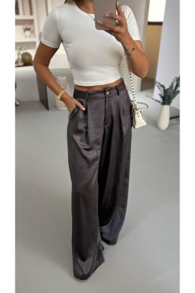 Sezgi Tekin Pilise Detay Antrasit Kırışık Efektli Saten Palazzo Pantolon