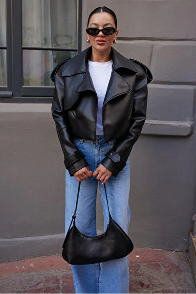 My Blog Black Piece Detailed Design Short Leather Trench Coat