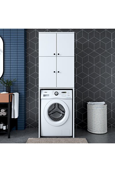 Rani Mobilya Rani KD114 Çamaşır Makinesi Dolabı 4 Kapaklı 5 Raflı Banyo Dolabı Beyaz