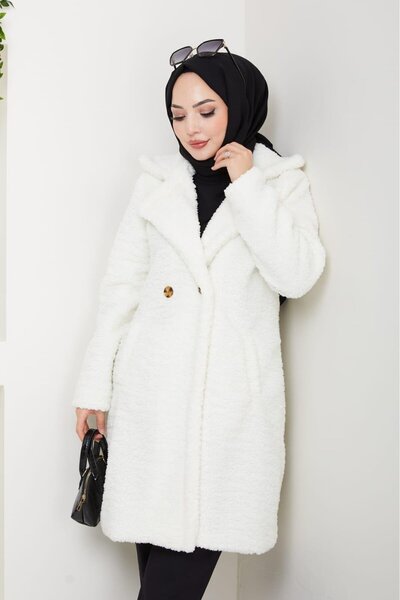 Hb Harma Time Butik Women's Fur Fabric Lined Buttoned White Coat