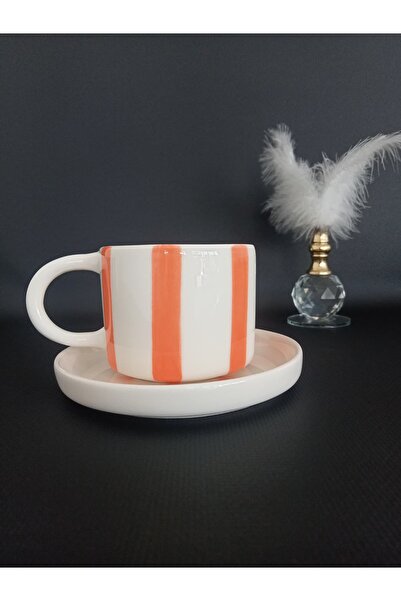 Zümrüdüanka Seramik Orange Striped Handmade Ceramic Coffee Cup