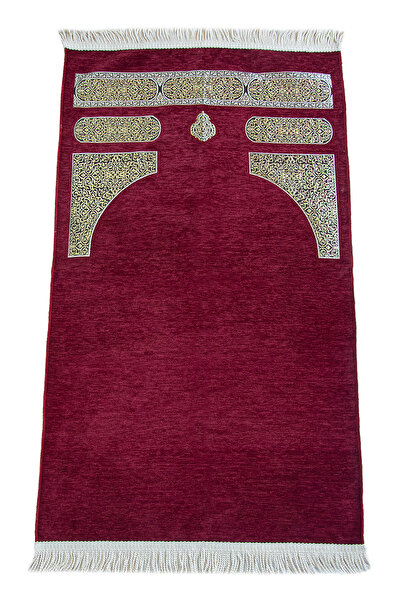 ihvanonline Kaba Patterned Knitted Tasseled Chenille Prayer Rug Red