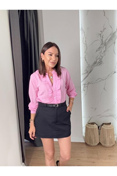 X-Young Kemer Detaylı Kumaş Şort Etek SİYAH