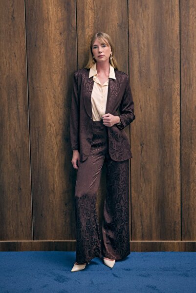 Sateen Yılan Desenli Pantolon - Kahve