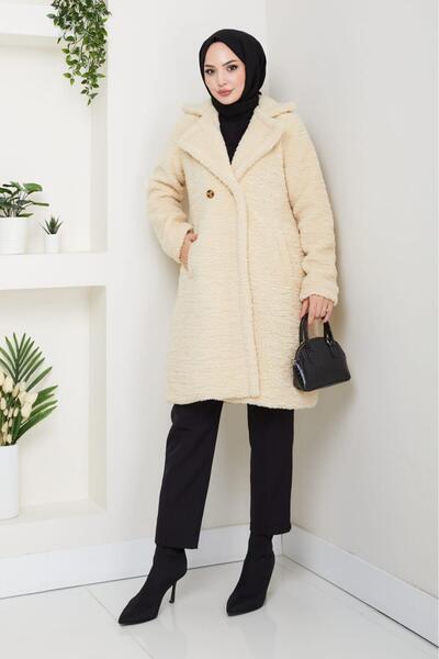 Hb Harma Time Butik Women's Fur Fabric Lined Buttoned Beige Coat