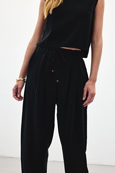 Sateen Şalvar Kesim Pantolon - Siyah
